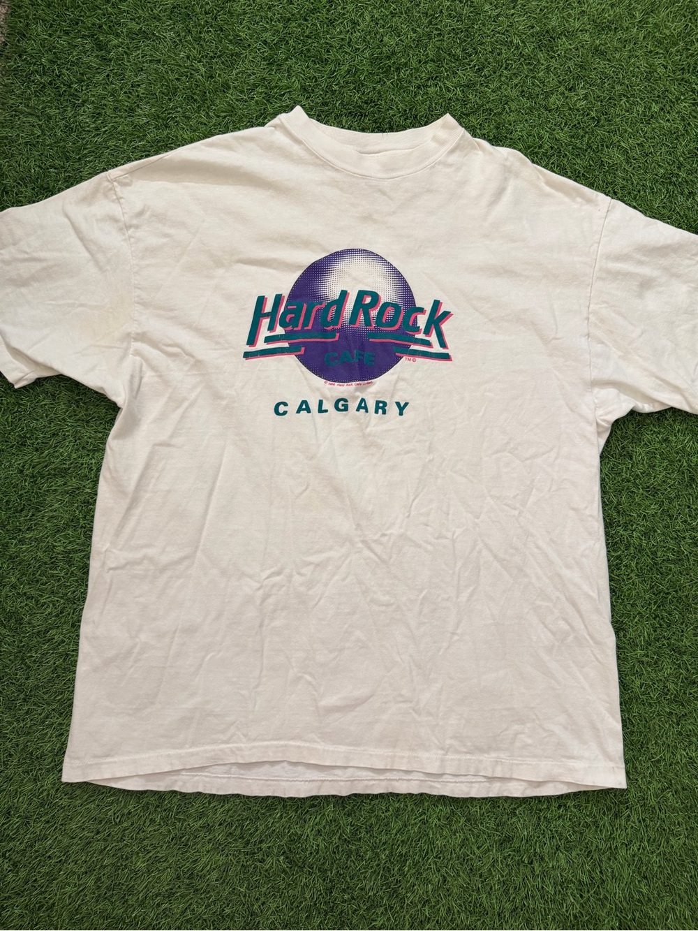 Vintage Hard Rock Cafe Calgary Graphic Tee - White with Teal & Purple Logo XL